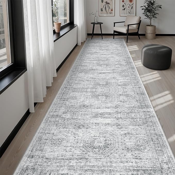 Soalmost Washable Hallway Runner Rug 3x12 Kitchen Entry Rugs Non-Slip, Grey | Vintage Long Runners 12ft for Bathroom Entryway, Foldable Low-Pile Wide Floor Carpet Mat for Corridor Laundry Room Bedroom