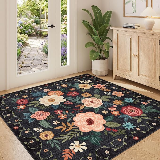DUKINO 4x4 Square Area Rug, Soft Floral Washable Rug for Entryway, Black | Non Slip, Low Pile, Stain Resistant Indoor Rug for Kitchen, Bedroom, Living Room, Nursery, Pet Friendly, Modern Home Decor