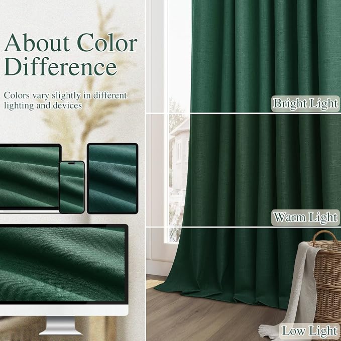 Guken Dark Green 100% Blackout Curtains 108 Inch Length 2 Panels Set for Living Room Bedroom Back Tab Thermal Insulated Black Out Linen Drapes Decor，52x108
