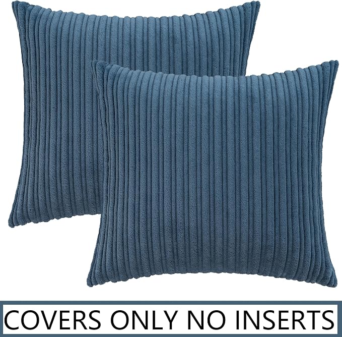 UGASA Velvet 18x18 Inch Soft Throw Pillow Covers Decorative Corduroy Striped Both Sides Solid Square Cushion Cases Boho Farmhouse for Couch Bedroom Sofa Home, Pack of 2, Dusty Blue