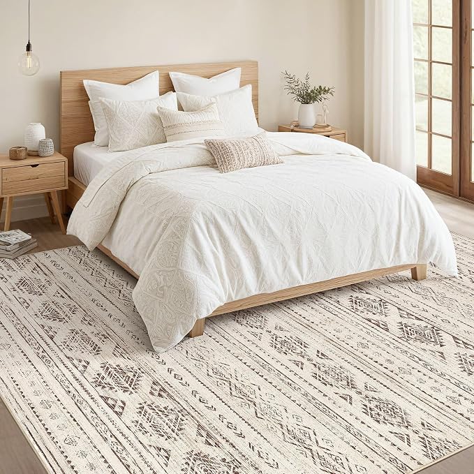 Nakagishi Boho 9x12 Area Rug Living Room Rugs Machine Washable Dark Brown | Soft, Pet & Kid Friendly, Carpet for Living Room/Bedroom/Office/Kitchen/Nursery, Daily Home Decor Stain Resistant Moroccan