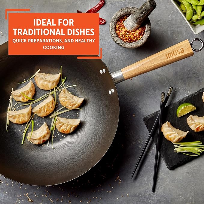 IMUSA 14 Inch Carbon Steel Nonstick Wok with Wood Handles, Black | Heats Quickly, Great for Healthy Family Meals