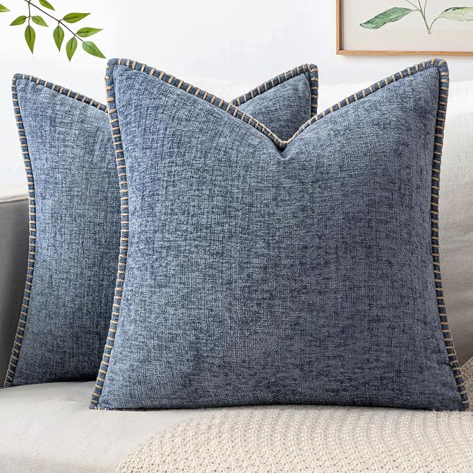 MIULEE Decorative Couch Throw Pillow Covers 16x16 in Dark Grey Blue 2 Pack | Farmhouse Pillow Covers with Stitched Edge, Soft Chenille Cushion Cases, for Sofa Bed Living Room Home Decor