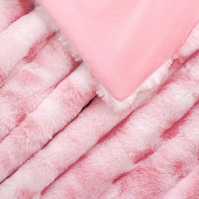 Luxury Faux Rabbit Fur Twin Blanket for Couch, Super Heavy Warm Cozy Throw for Sofa Bedroom Living Room, Ultra Soft Fluffy Reversible Plush Blankets for Home Decor Gifts, Tie-dye Pink