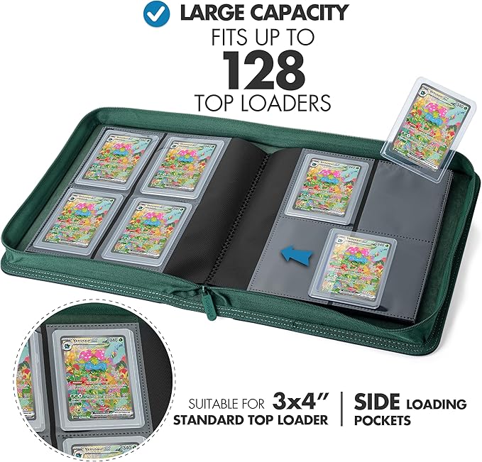 FunGuys Toploader Binder – 4 Pocket Trading Card Binder for 128 Top Loaders, Pokemon Card Binder, MTG, Yugioh, Sports Cards, TCG Storage Album, Zipper Card Collector Folder