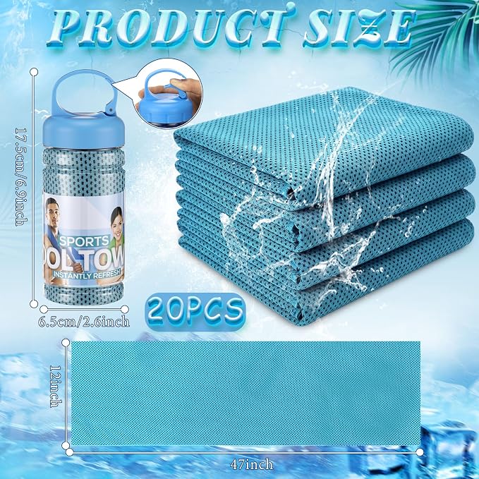 Honoson 20 Pcs Cooling Towels for Neck and Face, 47"x12" Sports Breathable Ice Towels Microfiber Chilly Sweat Rags with Portable Bottle for Gym Golf Athletes Yoga Workout Hot Weather (Light Blue)