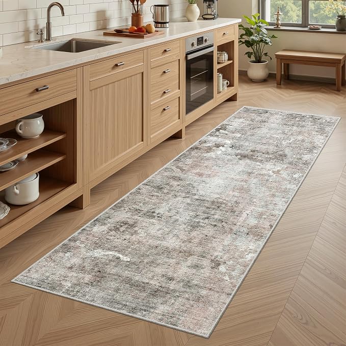 Soalmost Abstratc Runner Rug 2x6 Kitchen Hallway Runners Pink/Grey | Low-Pile Washable Rugs for Entry Bathroom Laundry Room, Vintage Foldable Floor Carpet Mat Entryway for Corridor Bedroom