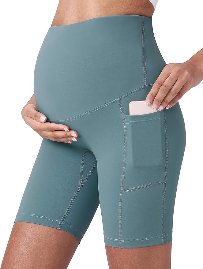 POSHDIVAH Women's Maternity Yoga Shorts Over The Belly Bump Summer Workout Running Active Short Pants with Pockets 5"/8"