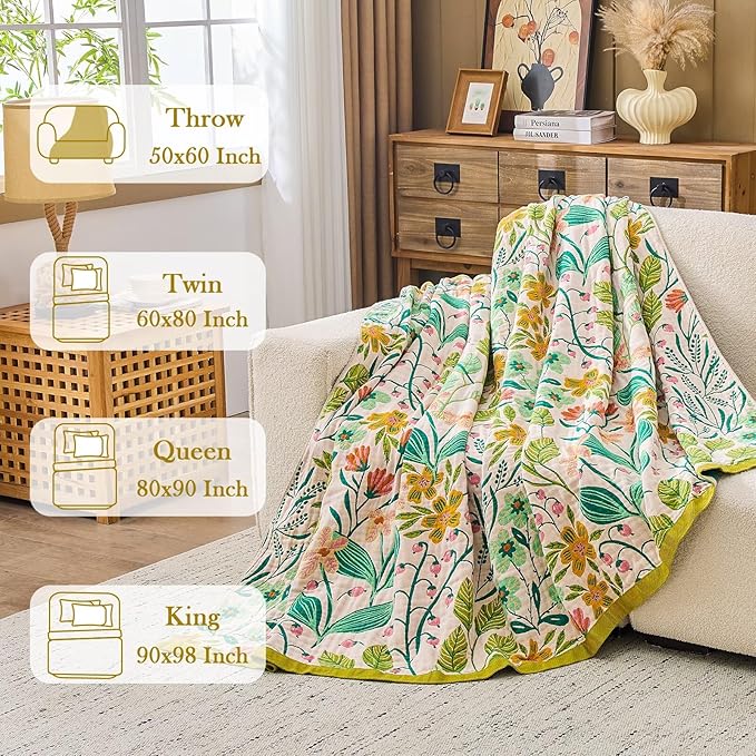 XIBLC Boho Throw Blanket 100% Cotton Vintage Blanket Muslin Woven Flower Decorative Throw Blankets All Season Bohemian Rustic Farmhouse Decor Quilt for Bed (Beige 90"x98")