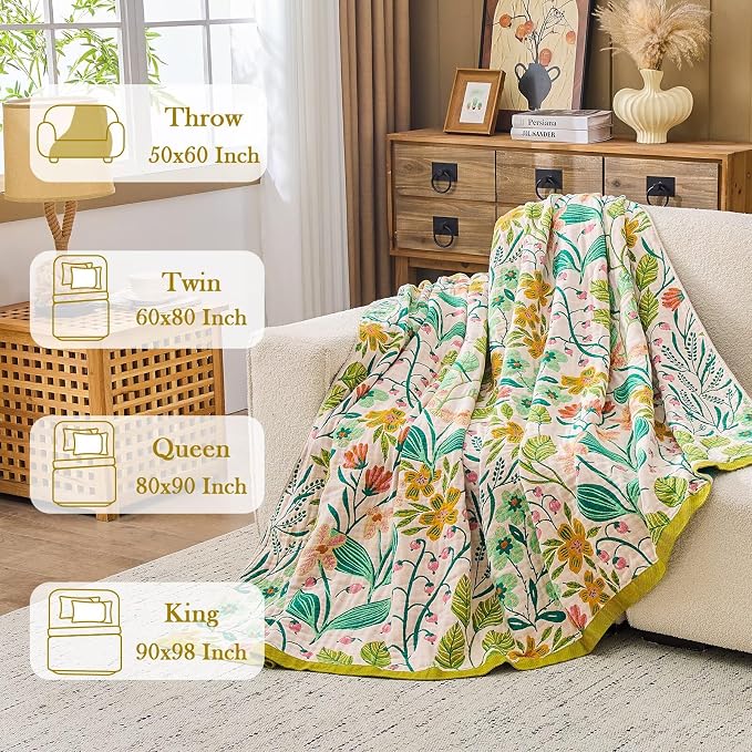 XIBLC Boho Throw Blanket 100% Cotton Vintage Blanket Muslin Woven Flower Decorative Throw Blankets All Season Bohemian Rustic Farmhouse Decor Quilt for Bed (Beige 50"x60")