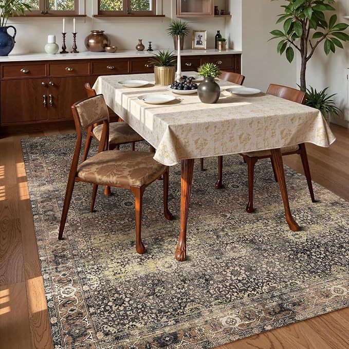 Washable Area Rug 5' x 7' Vintage Traditional Persian Mat - Foldable Distressed Non-Slip Machine Washable Carpet for Living Room Bedroom Kitchen Home Decor - Umber and Slate