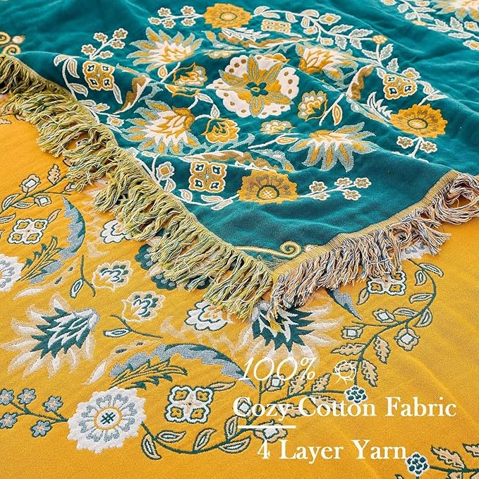 XIBLC Boho Throw Blanket, 100% Cotton Ultra Soft Luxury Throw Rustic Quilt, Floral Printed Farmhouse Decor Bed Summer Blankets, All Season Rustic Reversible Bohemian Throw for Bed (80"x90" Yellow
