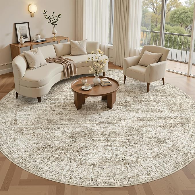 Soalmost Round Rugs 8ft Living Room Circle Area Rug 8x8 Brown Vintage | Washable Non Slip Indoor Carpet for Apartment, Dining Bedroom, Soft Low Pile Stain Resistant Foldable Floor Mat Entryway