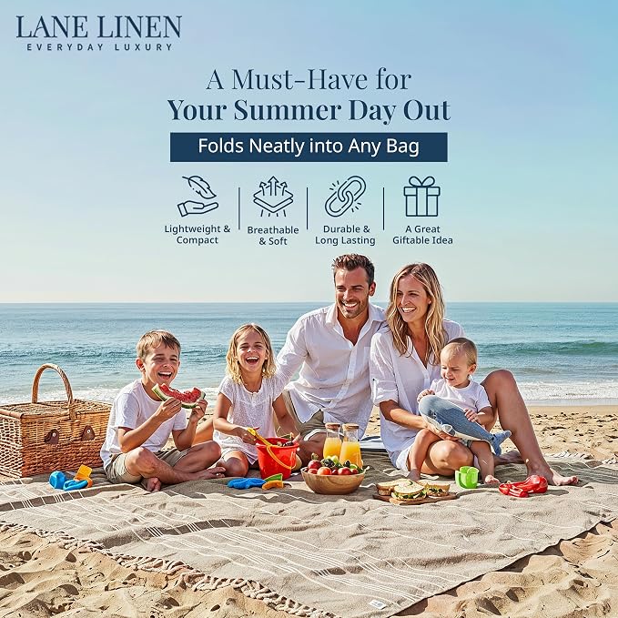 LANE LINEN Picnic Blankets - Turkish Beach Blanket Sandproof with Lightweight Quick Dry Design, 82"x82", Beach Summer Vacation Essentials for Relaxing, Park Outings or Yoga Mat – Beige