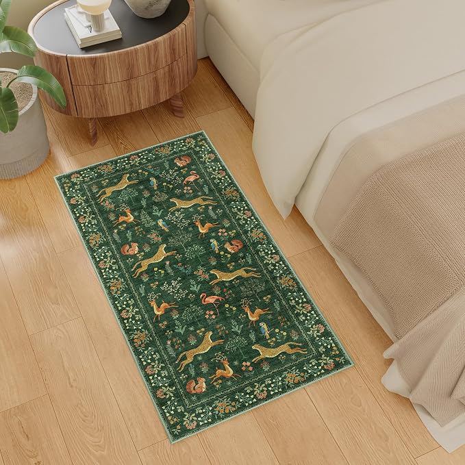 DUKINO 2x4 Rug for Entryway, Animal Washable Runner Rug for Kitchen, Green | Non Slip, Low Pile, Stain Resistant Thin Indoor Carpet for Hallway, Bedroom, Bathroom, Laundry, Pet Friendly, Non-Shedding