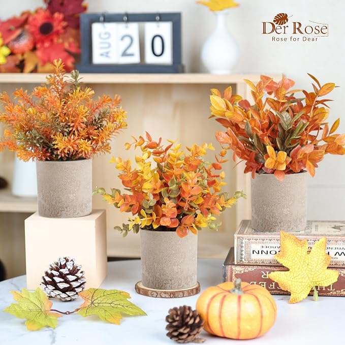 Der Rose 3 Pack Fake Plants Warm Orange Faux Plants for Fall Table Decor | Orange maple-toned eucalyptus, lightweight and compact, maintenance-free, autumn accents for shelf kitchen bedroom entryway
