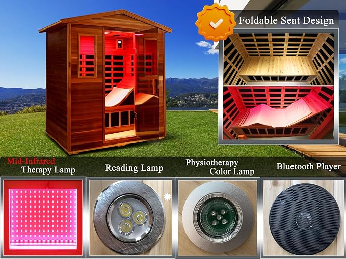 LTCCDSS Ultra-Low EMF Outdoor Sauna 3 Person, Full Spectrum Red Cedar Far Infrared Sauna for Home, Folding Recliner| Chromotherapys| Bluetooth Speakers| Near&Mid Infrared Therapy