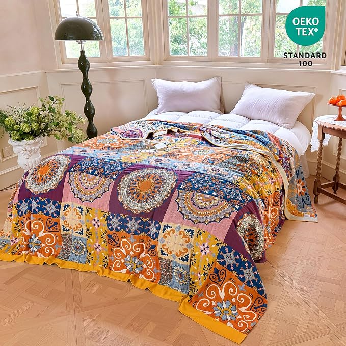 MSGKV Boho Throw Blanket 90"x90" Summer Cotton Queen Roman Blanket for Bed | Muslin Throw, Queen Size Blanket, Reversible Woven, Lightweight Comfort, Farmhouse Decor, All Seasons, Machine Washable