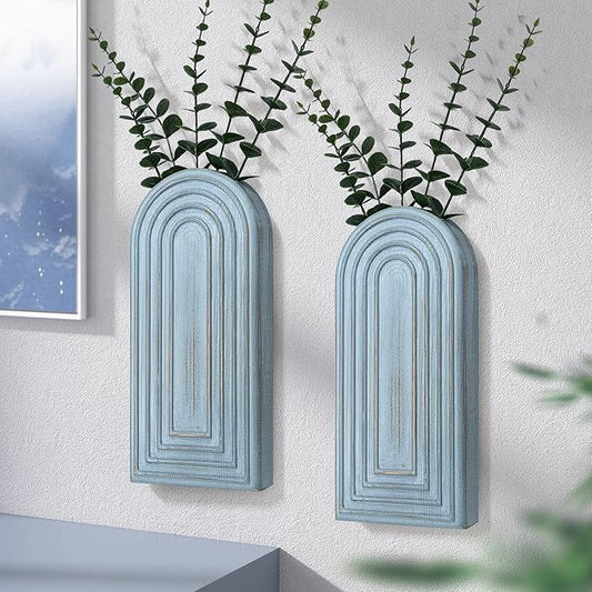 EOSAHR Wall Vase: Wall Planter for Fake Flowers for Living Room Decor, Blue | 2Pcs, Pine Wood, Wood Vase for Wall Decor, Wall Art for Kitchen, Ideal for Apartment, Boho Bathroom Set for Home Decor