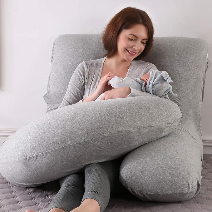 U-Shaped Full Body Pregnancy Pillow for Sleeping – 57" Maternity Pillow with Removable Cover, Support for Back, Legs, Belly & Hips (Jersey-LightGrey)