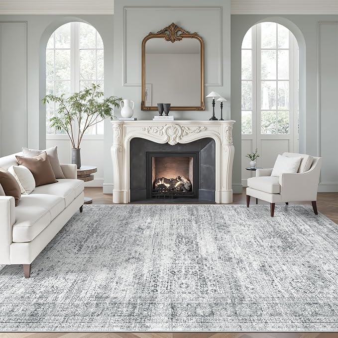 Soalmost Washable Area Rug 8x12 Large Soft Grey Rugs for Living Room | Vintage Non-Slip Carpet for Dining Bedroom, Stain Resistant Low Pile Foldable Lightweight Floor Mat Under Table Home Decor