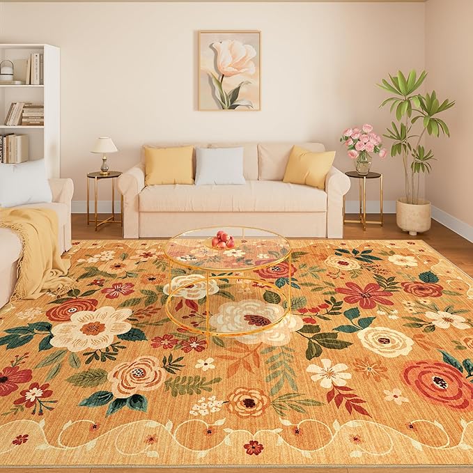DUKINO 8x10 Area Rugs, Floral Washable Living Room Rug Non Slip, Orange | Low Pile, Stain Resistant, Soft Indoor Large Carpet for Bedroom, Dining Rom, Kids Playroom, Pet Friendly, Modern Home Decor