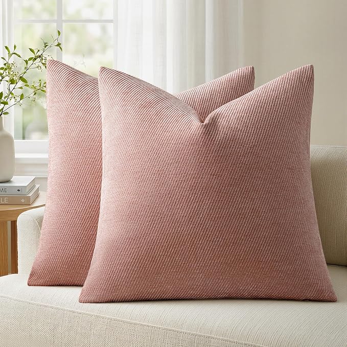 a moment Pack of 2 Decorative Chenille Throw Pillow Covers with Twill Cushion Covers for Sofa Living Room Couch Bed 22x22 Inch Blush Pink
