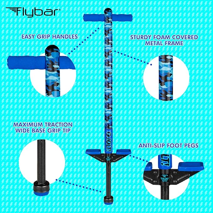 Flybar Jolt Pogo Stick for Kids, Perfect for Beginners w/ Foam-Covered Metal Frame, Handles & Padding, Non-Slip Foot Pads, Wide Tip, Outdoor Active Play Toy for Boys & Girls, Ages 6+, Blue Camo
