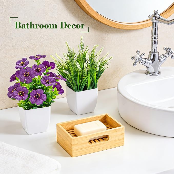 Der Rose 4 Pack Small Artificial Flowers in White Pots, Spring Home Decor | UV-resistant artificial plants, colorful mixed flower styles, for desk shelf bathroom bedroom classroom and spring home decor