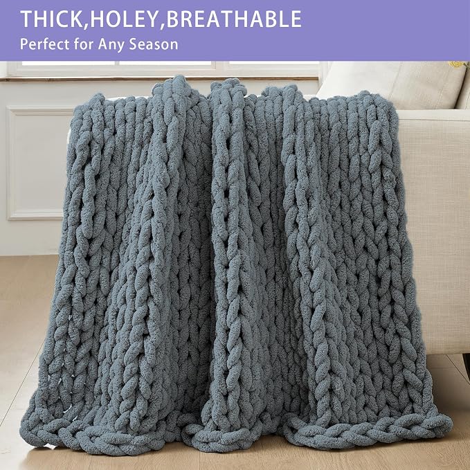 Bigacogo Chunky Knit Throw Blanket for Couch, 40x40 inches, Iron Gray | Hand Knit with Jumbo Chenille, Soft Breathable Cable Knit for Sofa Bed Living Room, Machine Washable, Gift for Mom Friend