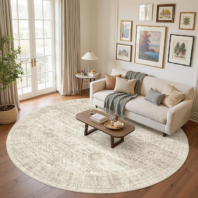 Soalmost Round Rugs 8ft Living Room Circle Area Rug 8x8 Beige Vintage | Washable Non Slip Indoor Carpet for Apartment, Dining Bedroom, Soft Low Pile Stain Resistant Foldable Floor Mat Entryway