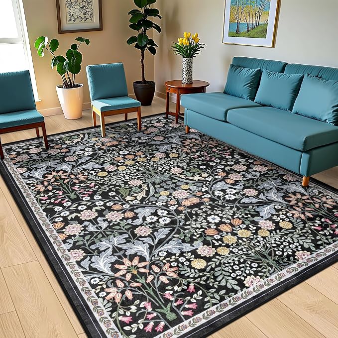Area Rugs 9x12 Living Room: Floral Washable Rug Vintage Large Soft Boho Non-Slip Carpet Indoor Stain Resistant Low Pile Carpets for Bedroom Dining Room Farmhouse Nursery Hallway Home Office Dark Black