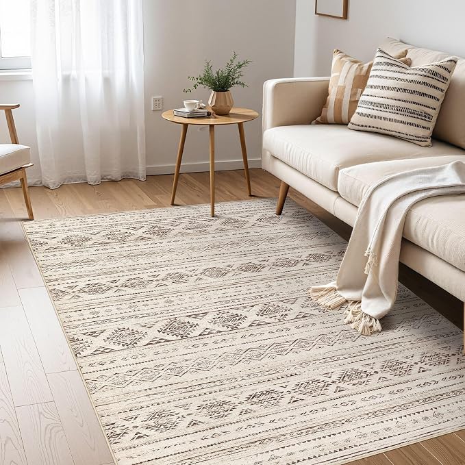 Nakagishi Boho 4x6 Area Rug Living Room Rugs Machine Washable Dark Brown | Soft, Pet & Kid Friendly, Carpet for Living Room/Bedroom/Office/Kitchen/Nursery, Daily Home Decor Stain Resistant Moroccan