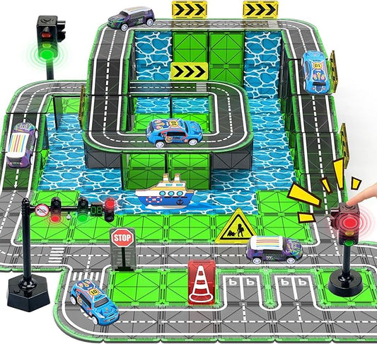Magnetic Tiles Road Set with Pullback Car & Magnet Ship,Traffic Themed Magnetic Building Tiles Set with Traffic Light,STEM Magnet Tile for Kids Ages 3-5 4-8 5-7,Preschool Educational Kids Toys Gifts