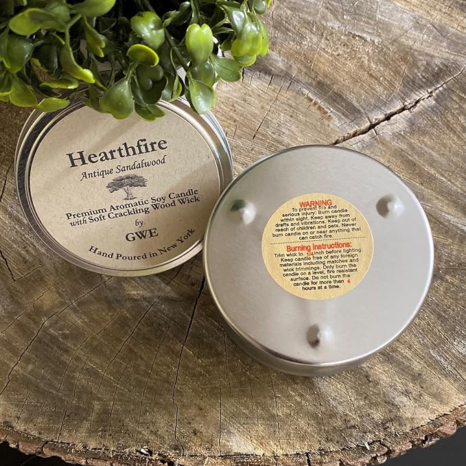 Hearthfire in Tin Can by GWE - Smoky Sandalwood Scented Soy Candle w/Wood Wick - Dark Sweet Creamy Aromatherapy - Infused w/Natural Oils, Made in The USA - Gift for Men & Women