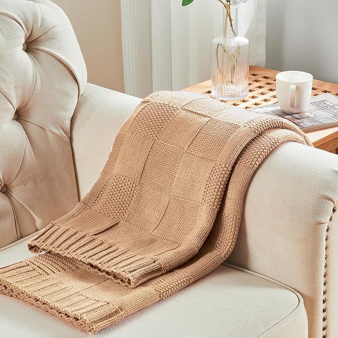 CozeCube Beige Knitted Checkered Throw Blanket 60"X80" | Check Knit Throw for Couch, Decorative Christmas Soft Cozy Warm Blanket for Bed Sofa Living Room