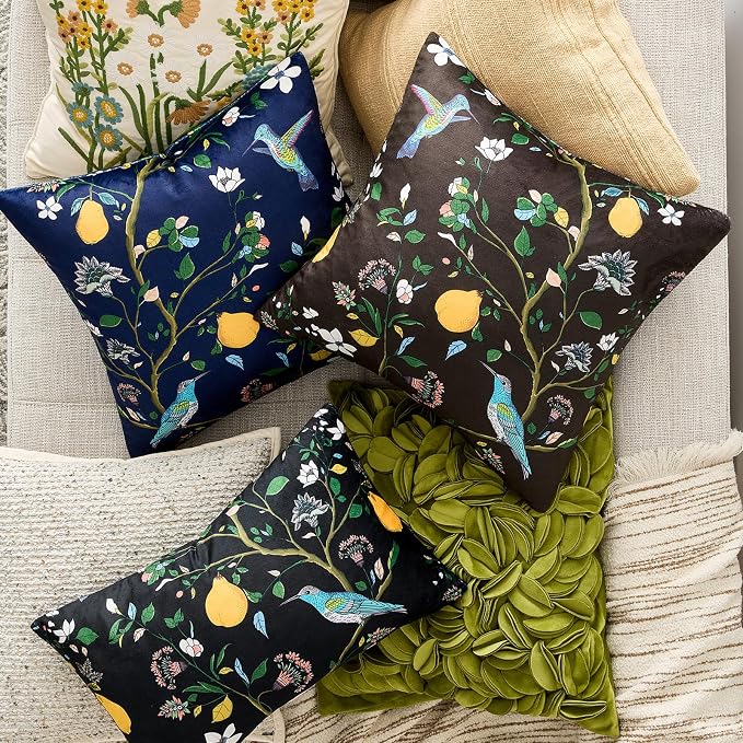 MUSSEL Brown Floral Vintage Decorative Pillow Covers 18x18 Set of 2 | Soft Velvet,Wild Flower Plant,Throw Pillows Case,Square,Colorful Farmhouse Cushion Covers,Home Sofa Bed Couch Decor