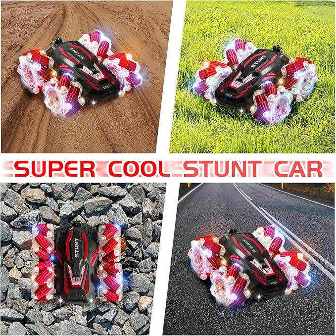 YEMIAI Gesture Sensing RC Stunt Car, 2.4 Ghz 4WD Remote Control Cars, Cool Lighting and Music, Double-Sided Rotating Off-Road Vehicle 360° Flipping Car, Present for Boys and Girls Aged 6-12