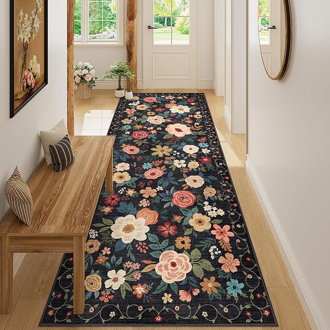 DUKINO 3x8 Kitchen Runner Rug, Washable Rug for Hallway Non Slip, Black | Soft, Low Pile, Floral Indoor Carpet Runner for Hallway, Entryway, Bedroom, Bathroom, Laundry, Pet Friendly, Home Decor