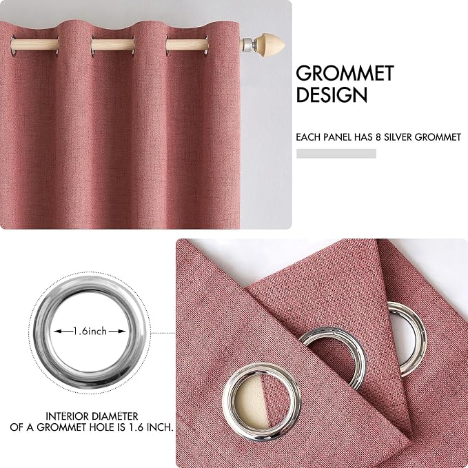 MIULEE 100% Blackout Linen Textured Curtains for Bedroom Solid Thermal Insulated Dusty Rose Grommet Room Darkening Curtains & Drapes Luxury Decor for Living Room 52 x 120 Inch (2 Panels)