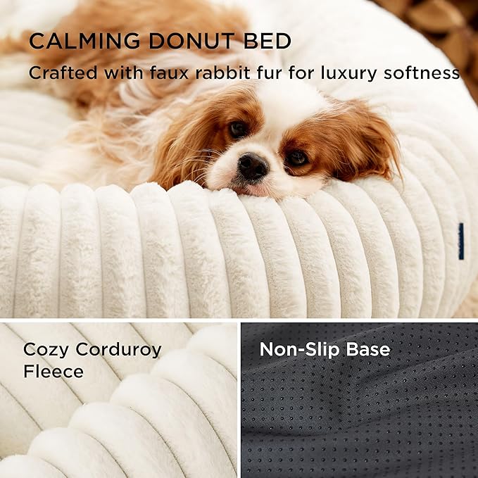 Bedsure Donut Large Dog Bed - Washable Faux Fur with Corduroy Fleece & Anti Slip Bottom, Round Pet Bed with Removable Cover, Cream, 36x36x8 inches