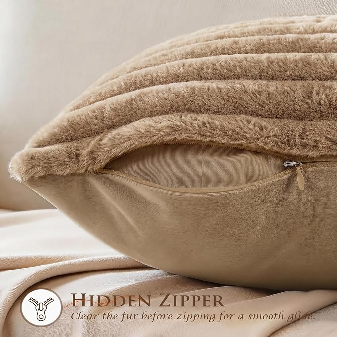 Pack of 2 Throw Pillow Covers 18x18 Decorative Solid Plush Faux Fur with Soft Velvet Back, Square Striped Cushion Cases Modern Farmhouse Home Decor for Living Room Couch Sofa Bed Khaki