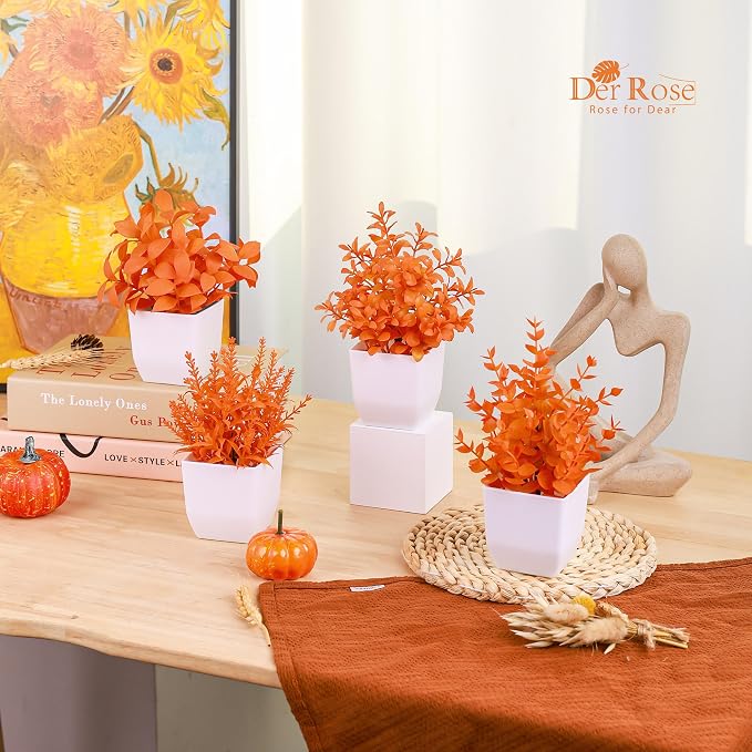 Der Rose 4 Pack Fall Fake Plants in White Pots, Autumn Bathroom Home Decor | Warm orange faux plants, Autumn fall seasonal accents, for shelf windowsill desk bathroom office and Halloween decor