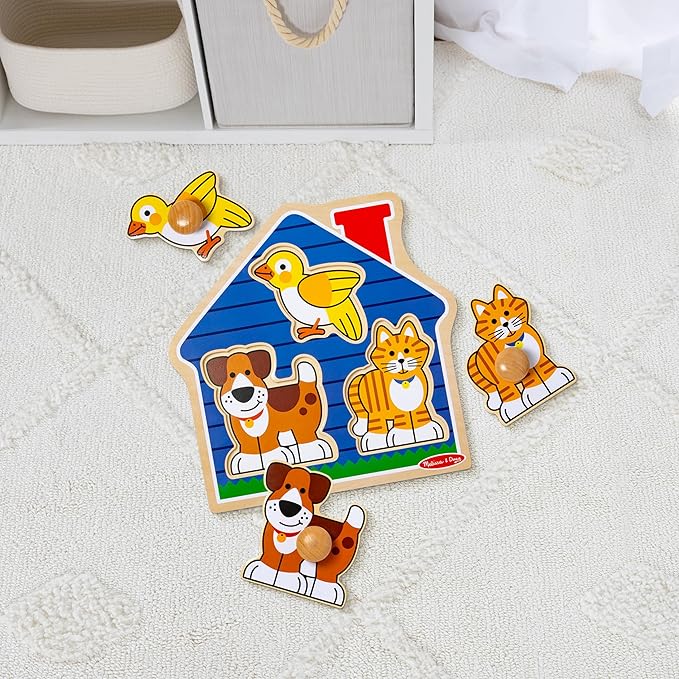 Melissa & Doug Pet Animals Jumbo Knob Puzzle, Wooden Peg Puzzle for Toddlers, Educational Toy for Shape Recognition and Fine Motor Skills, Ages 1+