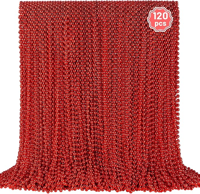 YAXINRUI 120 PCS Red Bead Necklaces, Red Mardi Gras Beads Christmas Necklace, Valentine Necklaces, 33 Inch Round Beaded Necklace for Mardi Gras Christmas Valentine Festive Events, Party Favors