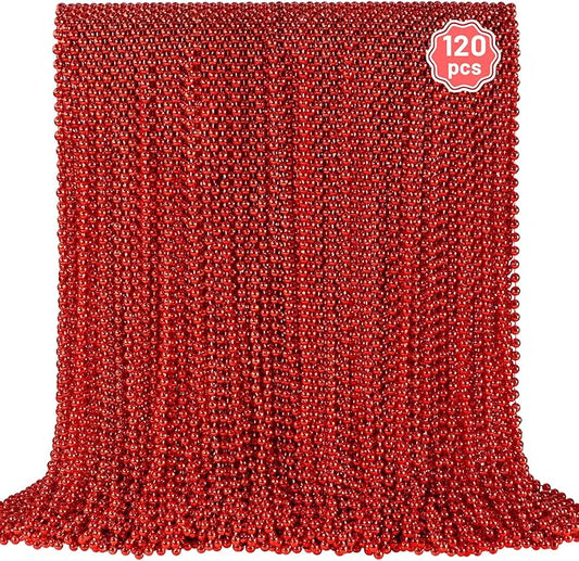YAXINRUI 120 PCS Red Bead Necklaces, Red Mardi Gras Beads Christmas Necklace, Valentine Necklaces, 33 Inch Round Beaded Necklace for Mardi Gras Christmas Valentine Festive Events, Party Favors