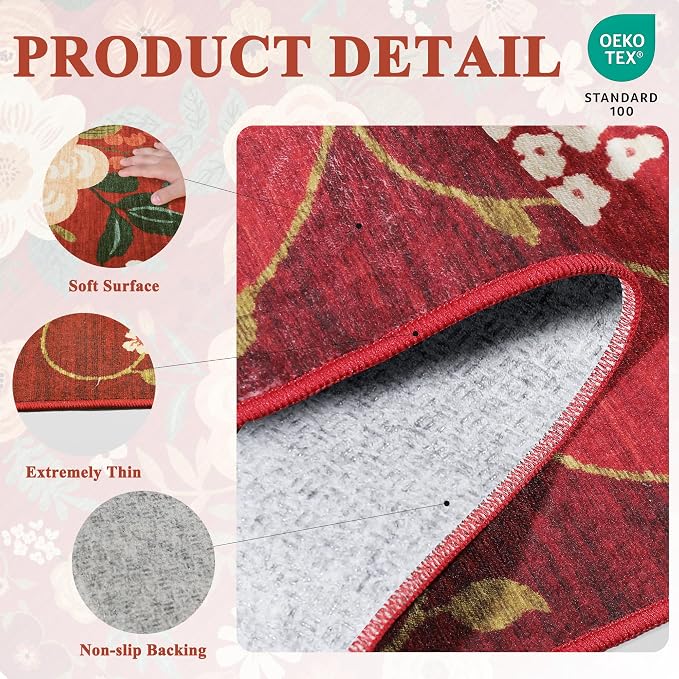 DUKINO 6x9 Area Rugs, Floral Washable Rug for Bedroom Non Slip, Red | Soft, Low Pile, Large Indoor Rug for Living Room, Dining Room, Kids Room, Office, Pet Friendly, Home Decor, Stain Resistant