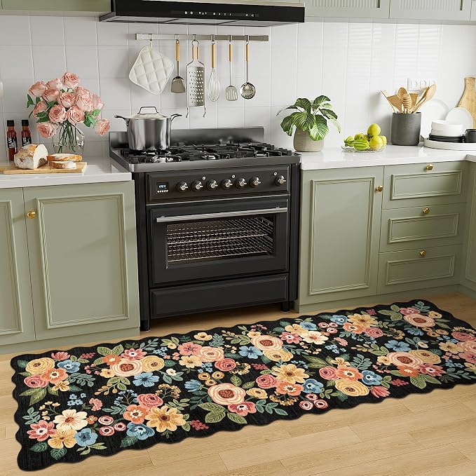 DUKINO 2x10 Runner Rug for Hallway, Washable Kitchen Rug Non Slip, Black | Soft, Low Pile, Floral Throw Rug Runner for Entryway, Bedroom, Bathroom, Laundry, Pet Friendly, Home Decor, Stain Resistant