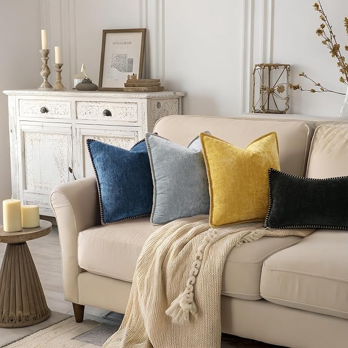 decorUhome Soft Chenille Throw Pillow Covers 24x24 Set of 2 Black | Fall Textured Decorative Throw Pillow Cases Stitched Edge Modern Farmhouse Luxury Boho Velvet for Couch Sofa Bed Home Decor