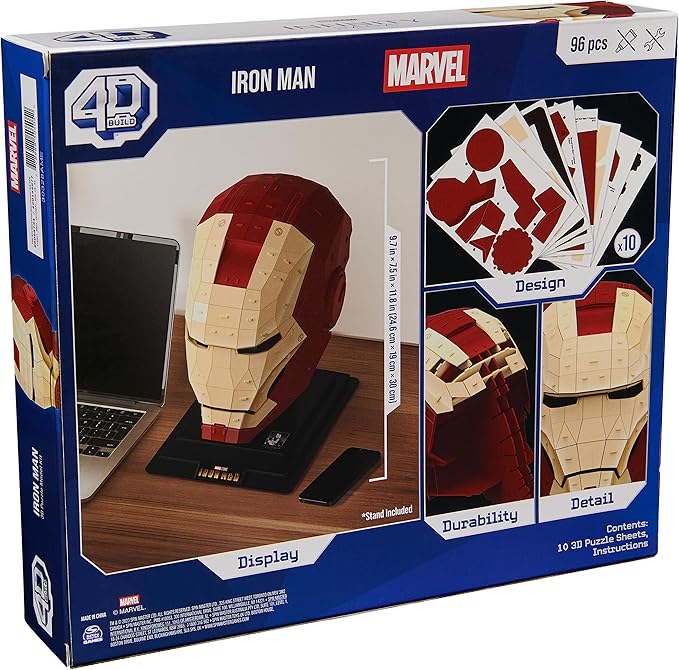 4D Build, Marvel Iron Man 3D Puzzle Model Kit with Stand 96 Pcs | Iron Man Helmet Desk Decor | Building Toys | 3D Puzzles for Adults & Teens 12+